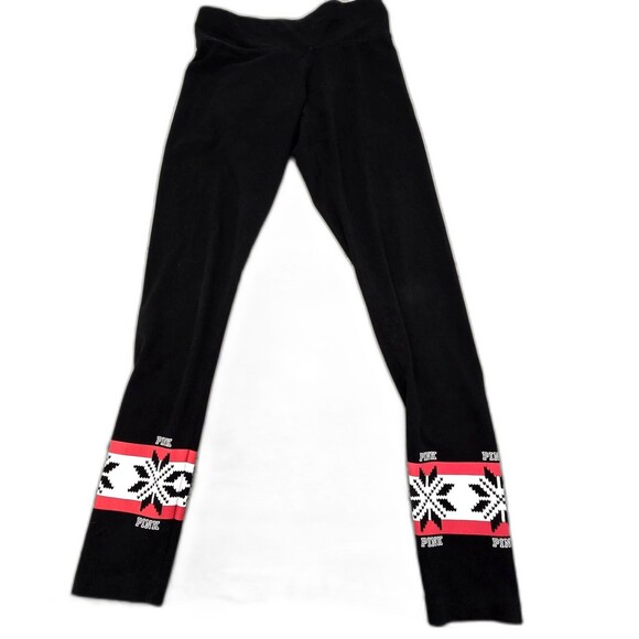 Y2K VTG PINK Victoria's Secret Pants Womens Small Black Yoga Leggings Snowflake - Picture 1 of 8